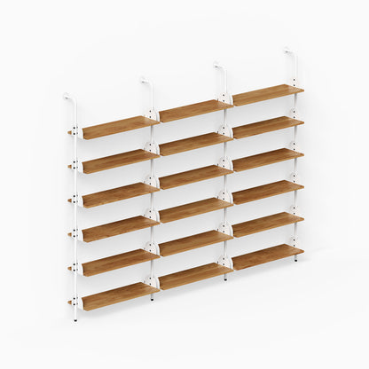 Deco Shelf System (Triple Bay) with three columns of wood shelves and white metal supports for organized wall display
