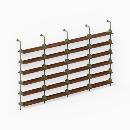 Deco Shelf System (Quadruple Bay) with four wood and steel wall shelf bays and five tiers for organized display