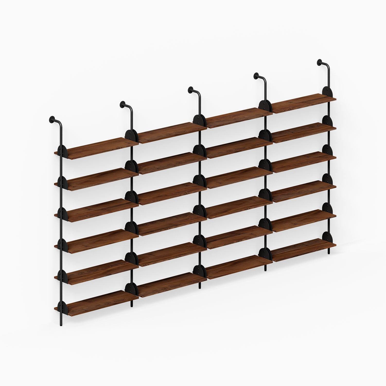 Deco Shelf System (Quadruple Bay) with four bays of dark wood wall shelves and black metal supports for organized display