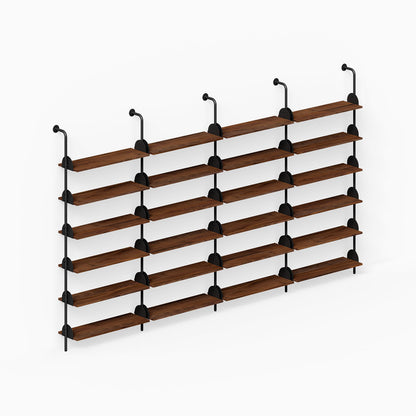 Deco Shelf System (Quadruple Bay) with four bays of dark wood wall shelves and black metal supports for organized display