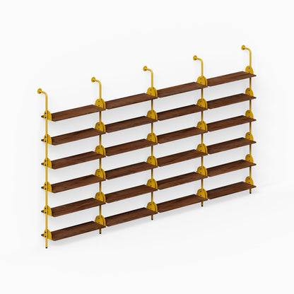 Deco Shelf System (Quadruple Bay) with four bays of wood shelves and gold metal supports for organized wall display