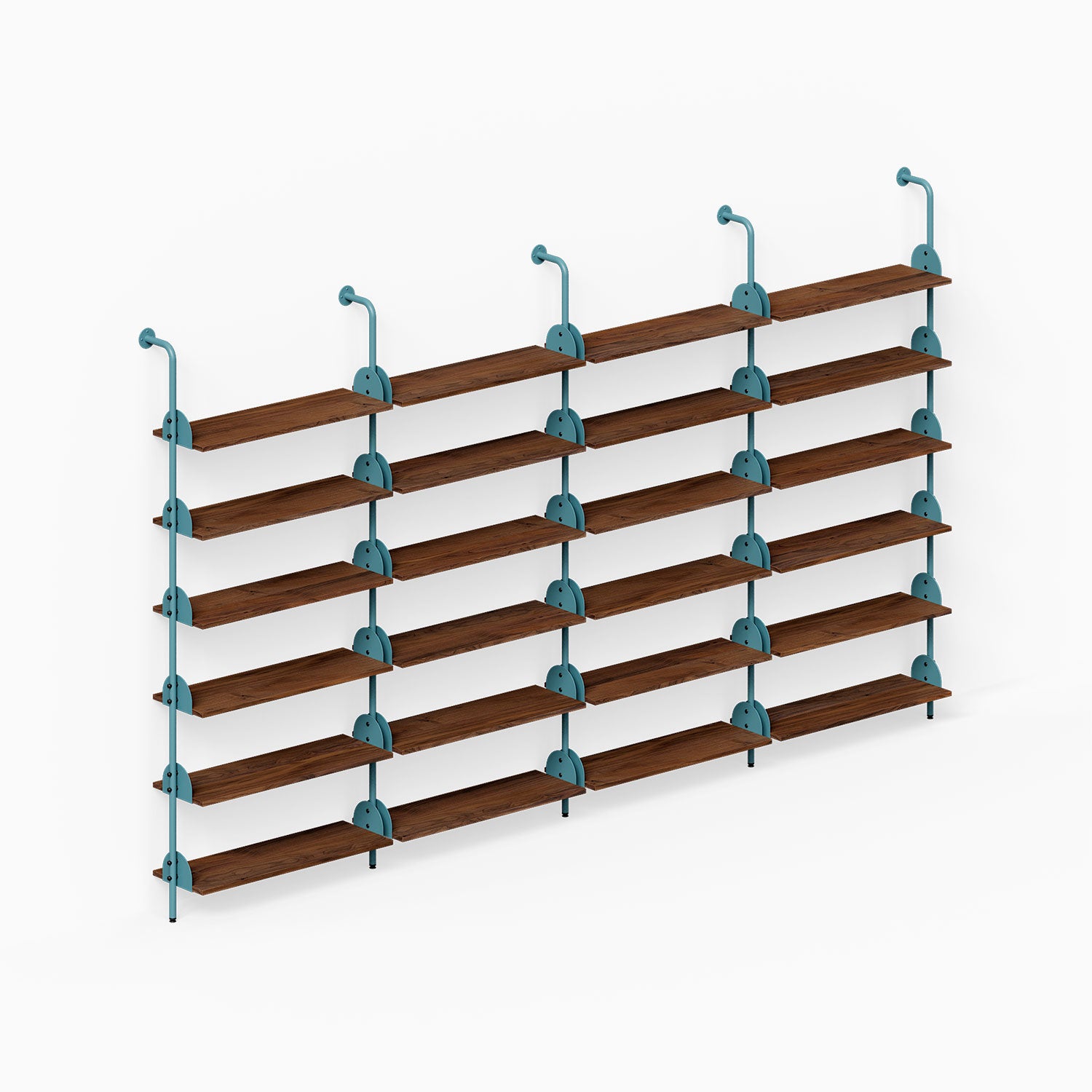 Deco Shelf System (Quadruple Bay) showing four wood shelf bays with teal metal supports for organized wall display