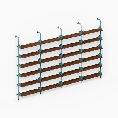 Deco Shelf System (Quadruple Bay) showing four wood shelf bays with teal metal supports for organized wall display