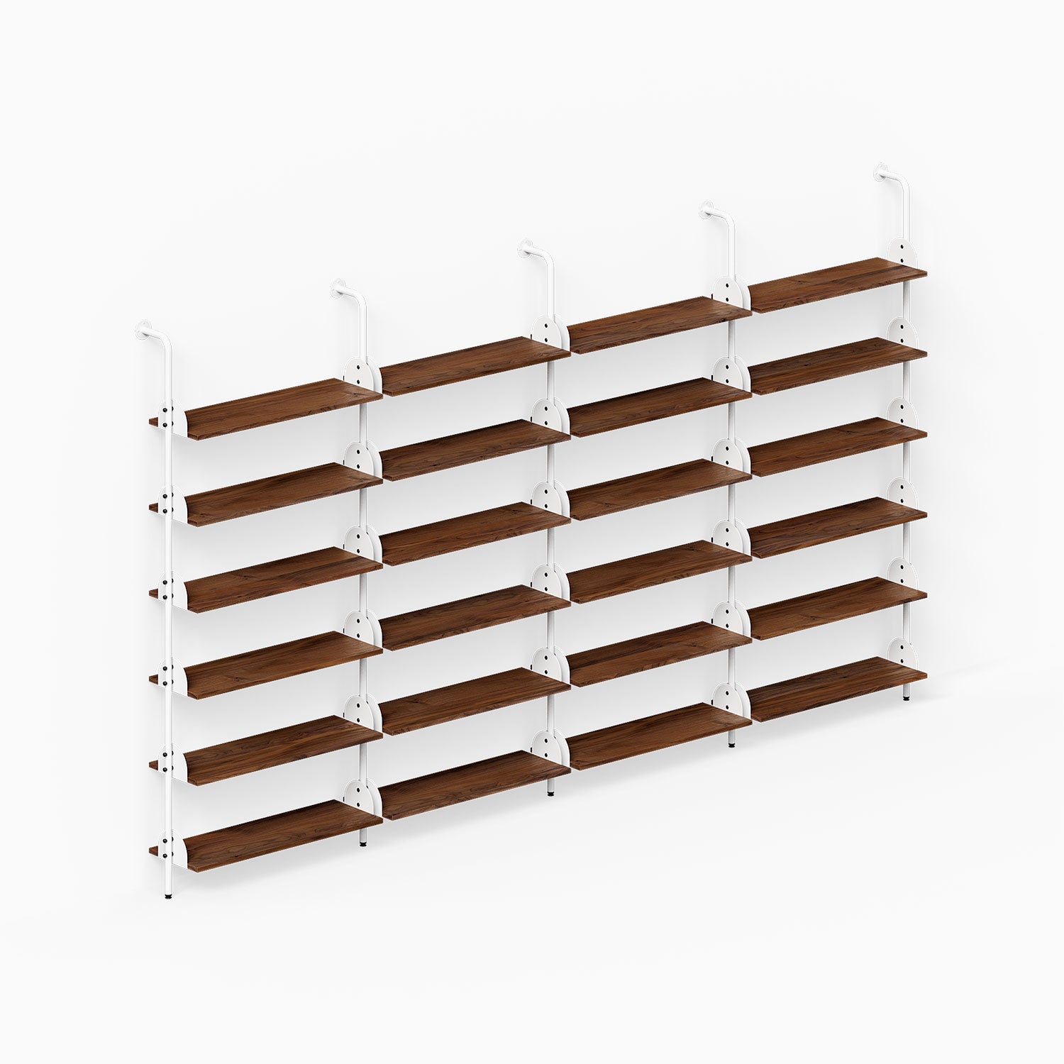 Deco Shelf System (Quadruple Bay) with four columns of wood shelves and white metal supports for organized wall display