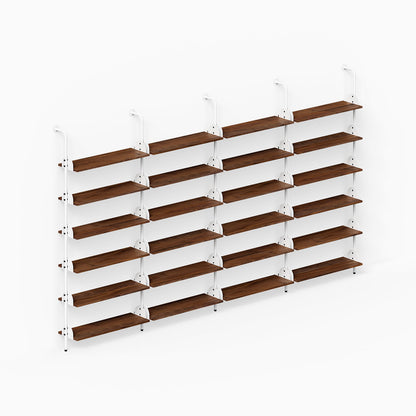 Deco Shelf System (Quadruple Bay) with four columns of wood shelves and white metal supports for organized wall display