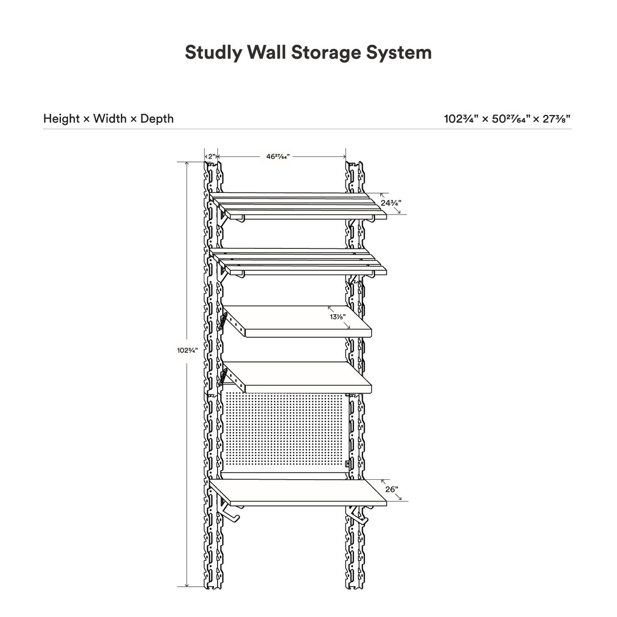 Detailed technical drawing of the Studly Wall Storage Workbench & 2x6 Shelf System showing height, width, depth, and shelf measurements in inches for precise installation.