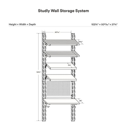 Detailed technical drawing of the Studly Wall Storage Workbench & 2x6 Shelf System showing height, width, depth, and shelf measurements in inches for precise installation.