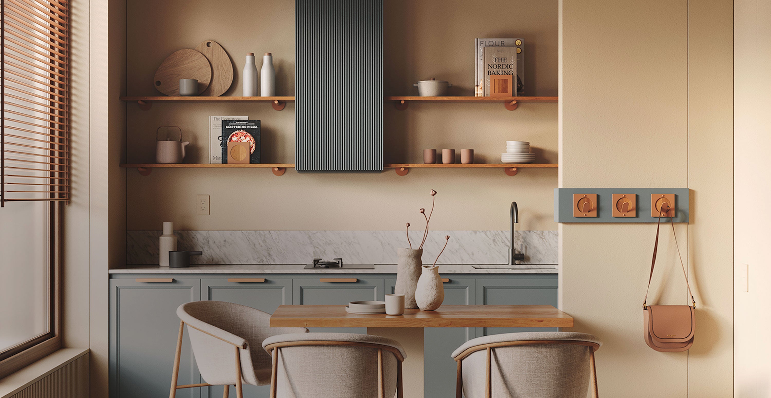 Warm-toned dining space featuring wood floating shelves with ceramics and books above gray cabinetry and a wooden table with chairs.