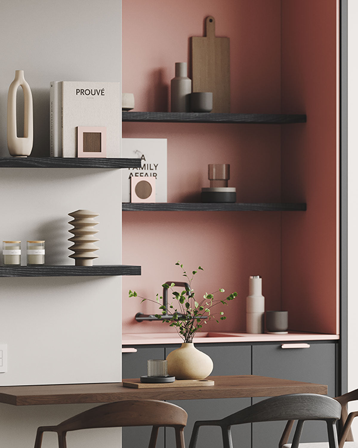 Dark floating shelves with ceramics, books, and decor against pale gray and muted pink walls above a wood and stone table setup.