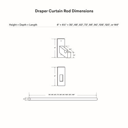 Technical line drawing showing dimensions of the Draper Curtain Rod System, including bracket height, depth, and available rod lengths from 36 to 144 inches.