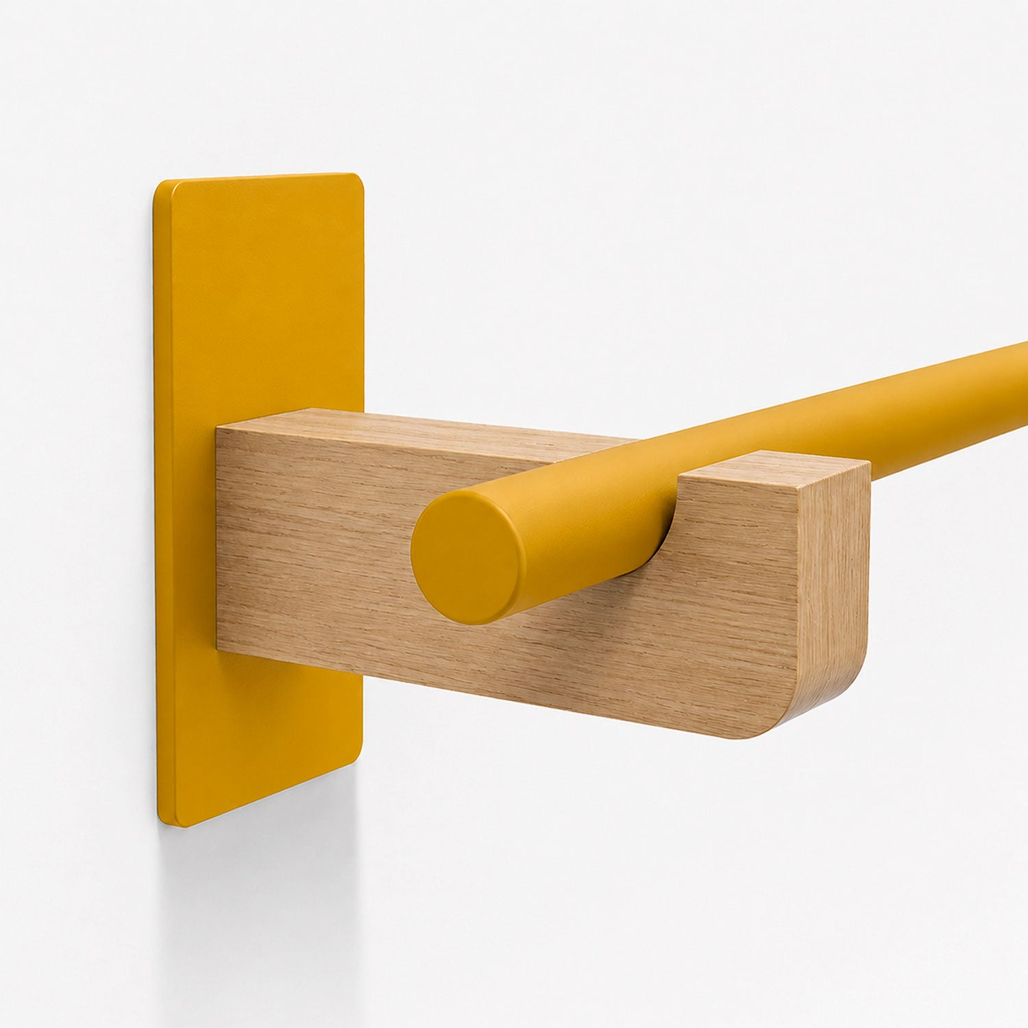 Close-up of a minimalist Draper Curtain Rod System wall bracket with wood and yellow metal components in a clean, functional design.