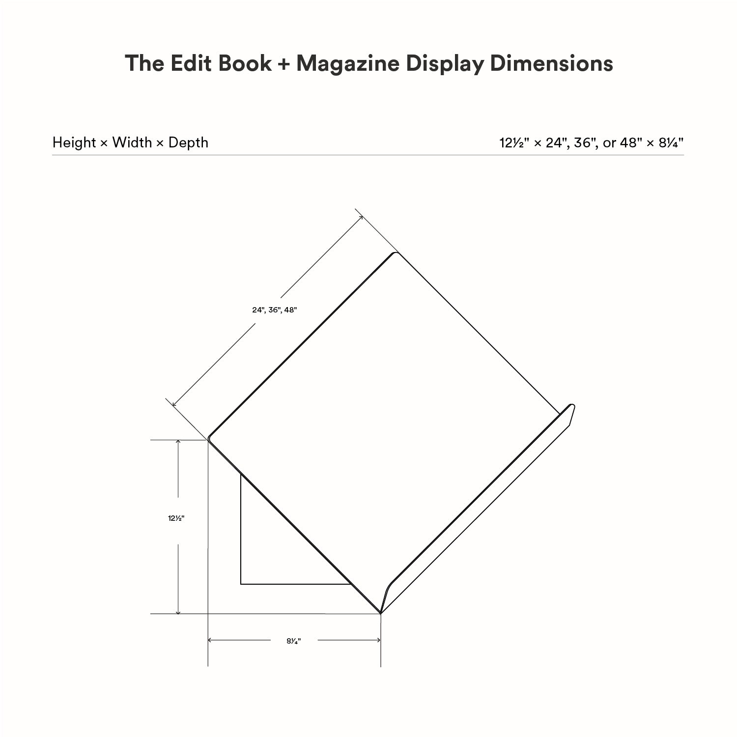 Technical line drawing showing dimensions and structure of The Edit Book +Magazine Display designed for wall mounting and organizing books or magazines.