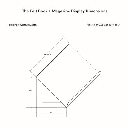 Technical line drawing showing dimensions and structure of The Edit Book +Magazine Display designed for wall mounting and organizing books or magazines.