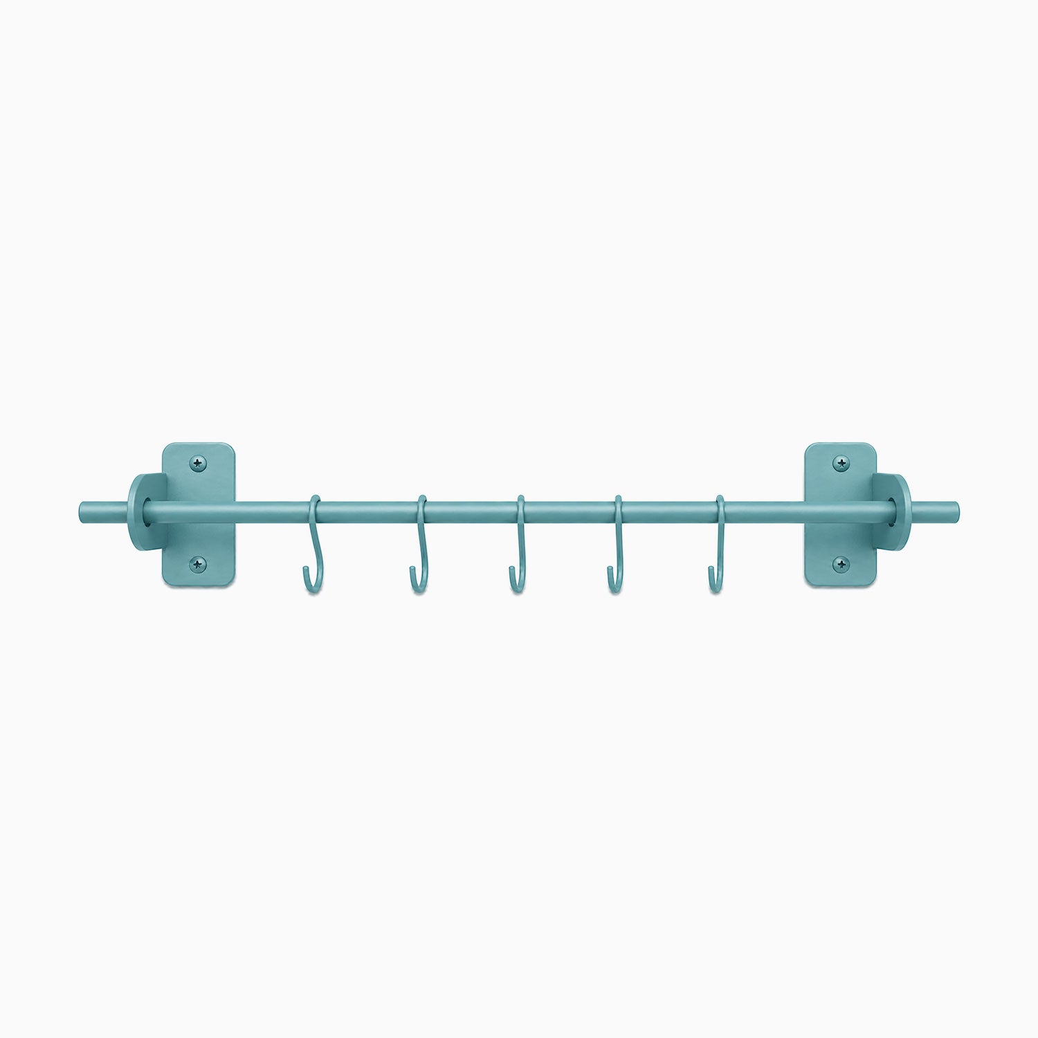 Etta Utensil Rack in matte teal finish with six hooks, designed to maximize wall space and organize kitchen tools efficiently.