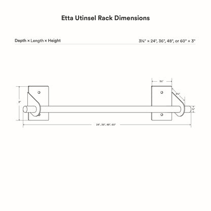 Technical line drawing showing dimensions and measurements of the Etta Utensil Rack with minimalist stainless steel wall mounting brackets designed for durable kitchen organization.