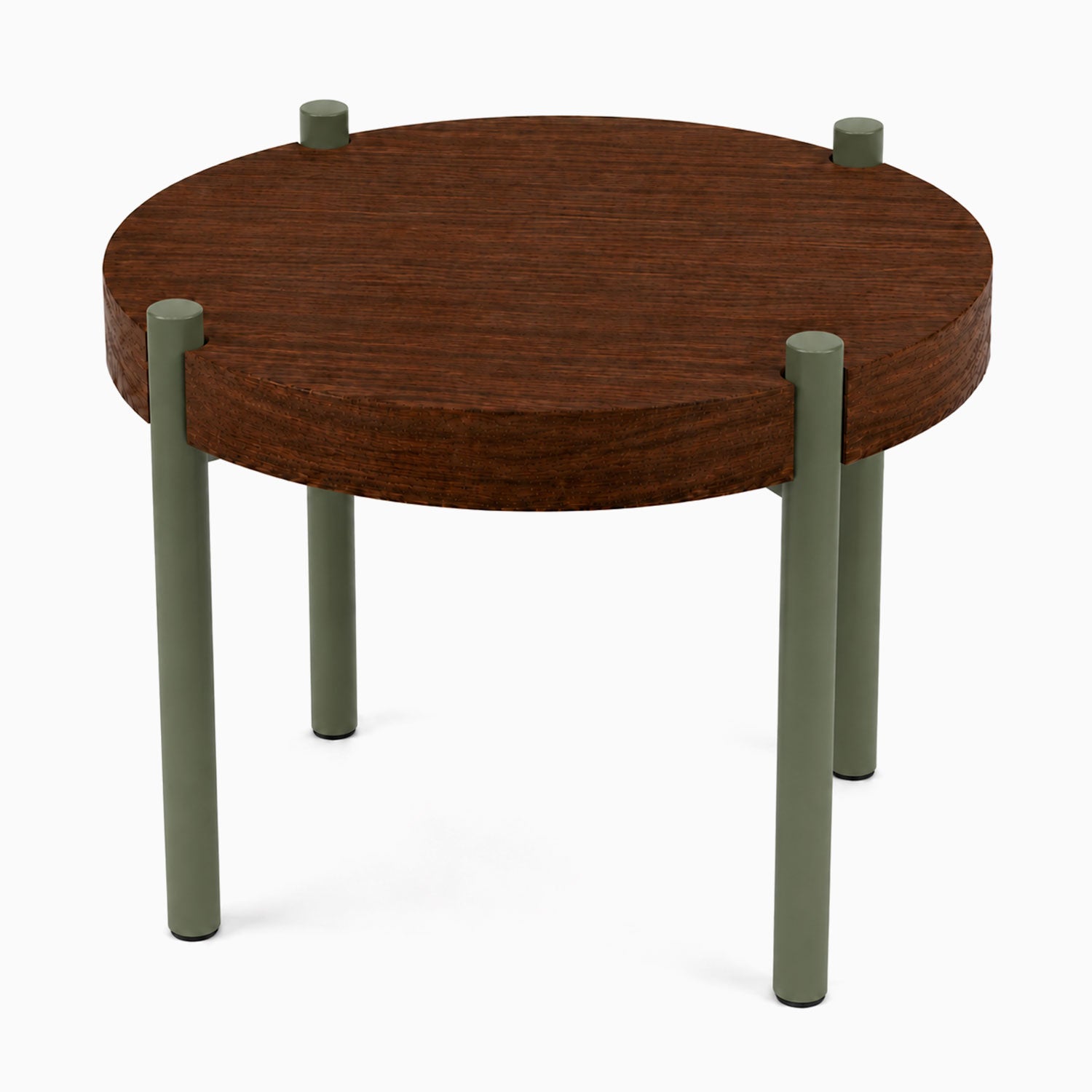 Fern Plant Stand (Walnut) featuring a round walnut wood top supported by four green metal legs, combining solid hardwood and mixed materials for functional display.