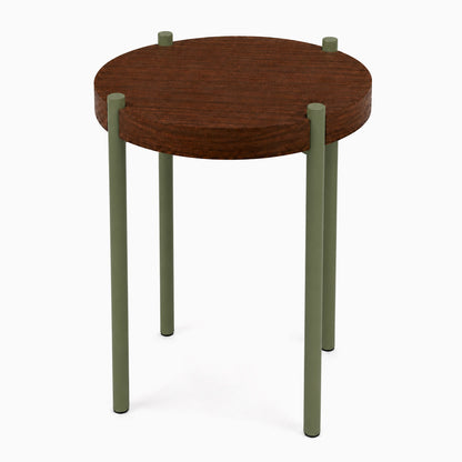 Fern Plant Stand (Walnut) featuring a minimalist design with a round walnut wood top and sturdy olive green metal legs, perfect for display and organization.