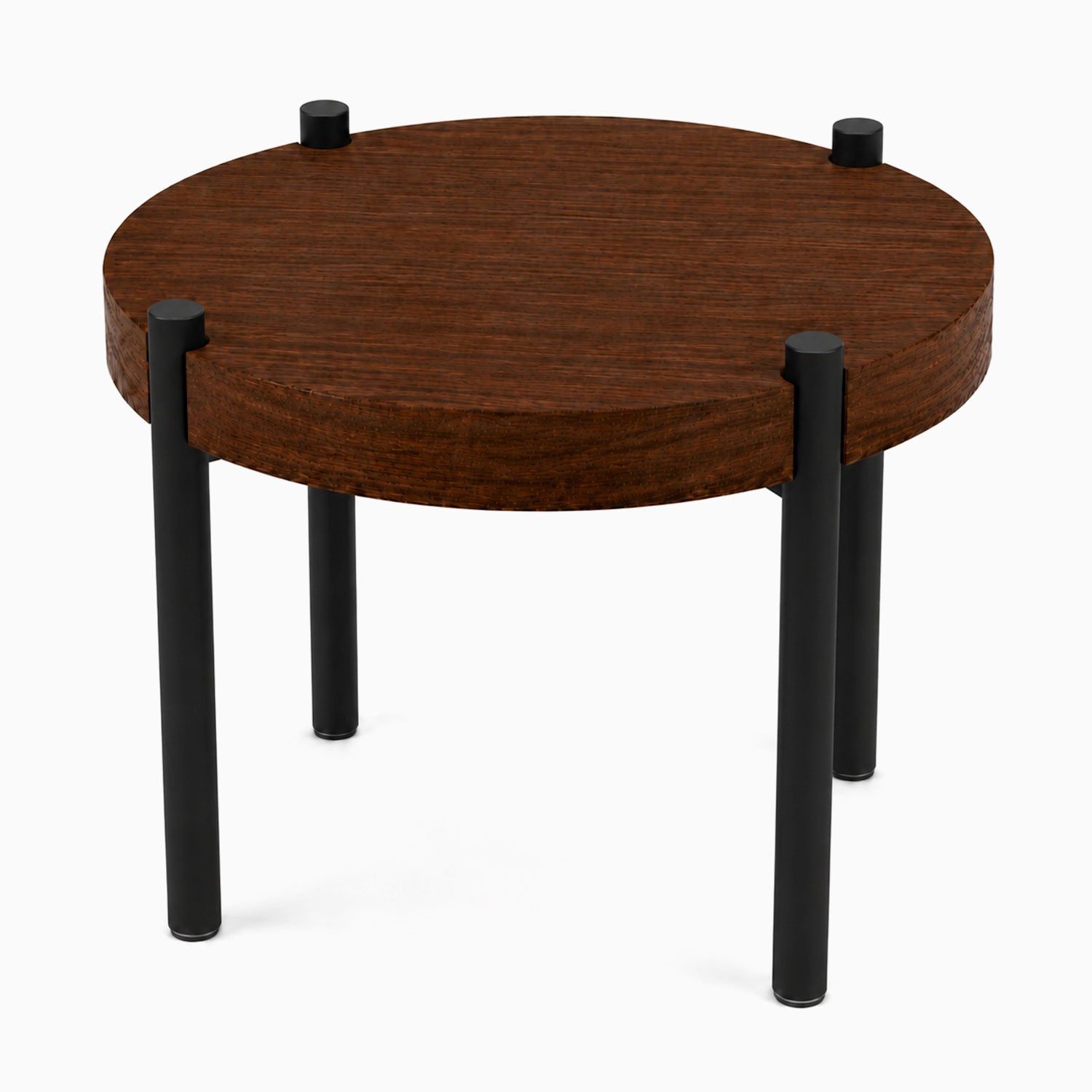 Fern Plant Stand (Walnut) featuring a minimalist round solid hardwood top with sturdy black metal legs, designed for functional display and organization.