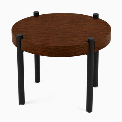 Fern Plant Stand (Walnut) featuring a minimalist round solid hardwood top with sturdy black metal legs, designed for functional display and organization.