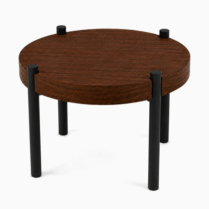 Fern Plant Stand (Walnut) featuring a round walnut wood top supported by sturdy black metal legs, designed for minimalist and functional display.