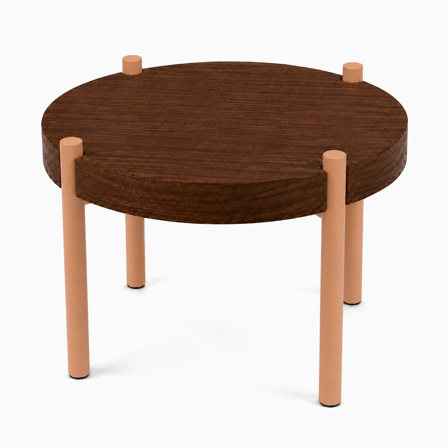 Fern Plant Stand (Walnut) with minimalist round walnut top supported by four smooth tan metal legs, combining solid hardwood and metal for stylish display and organization.
