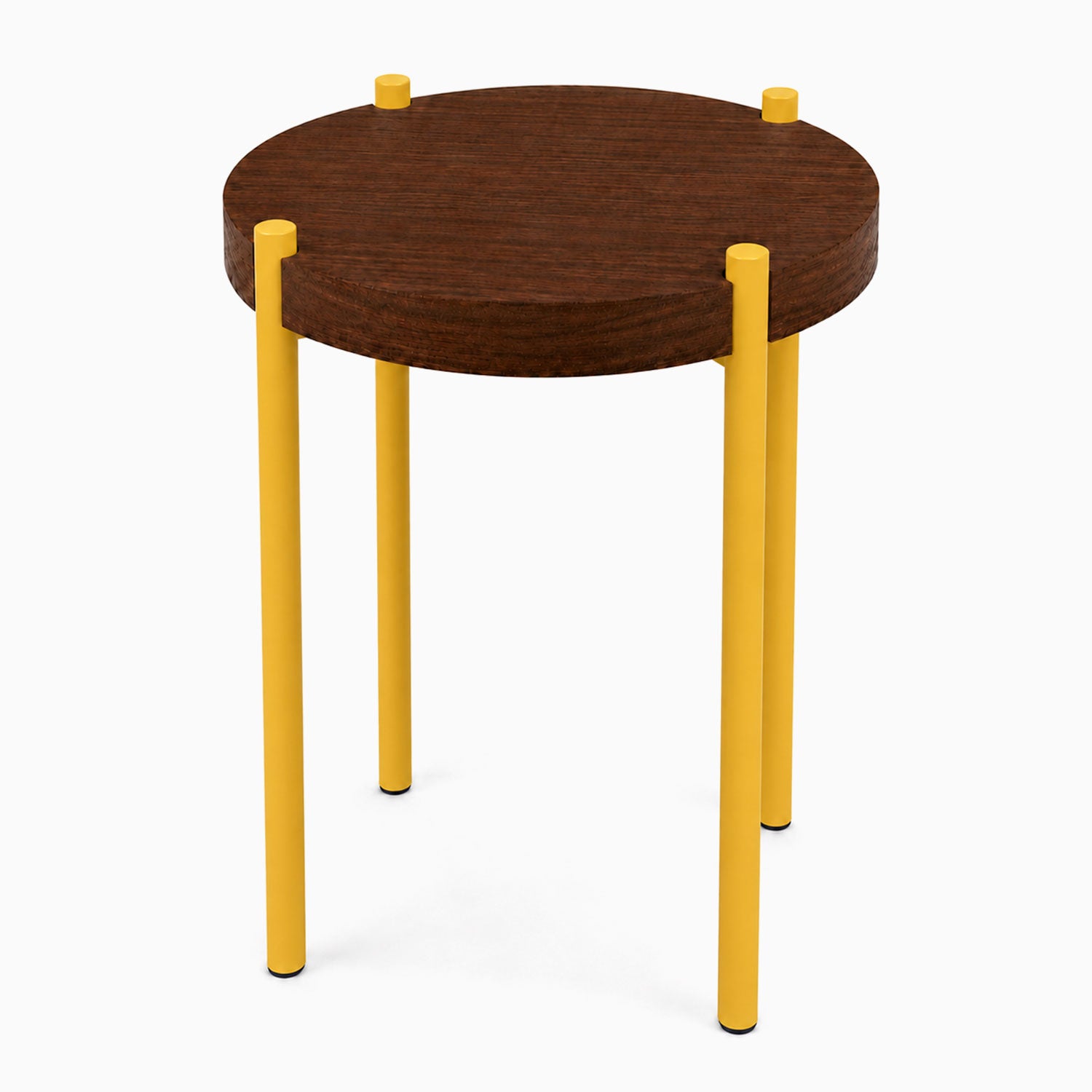 Fern Plant Stand (Walnut) featuring a round walnut wood top with sturdy yellow metal legs, combining solid hardwood and mixed-material design.