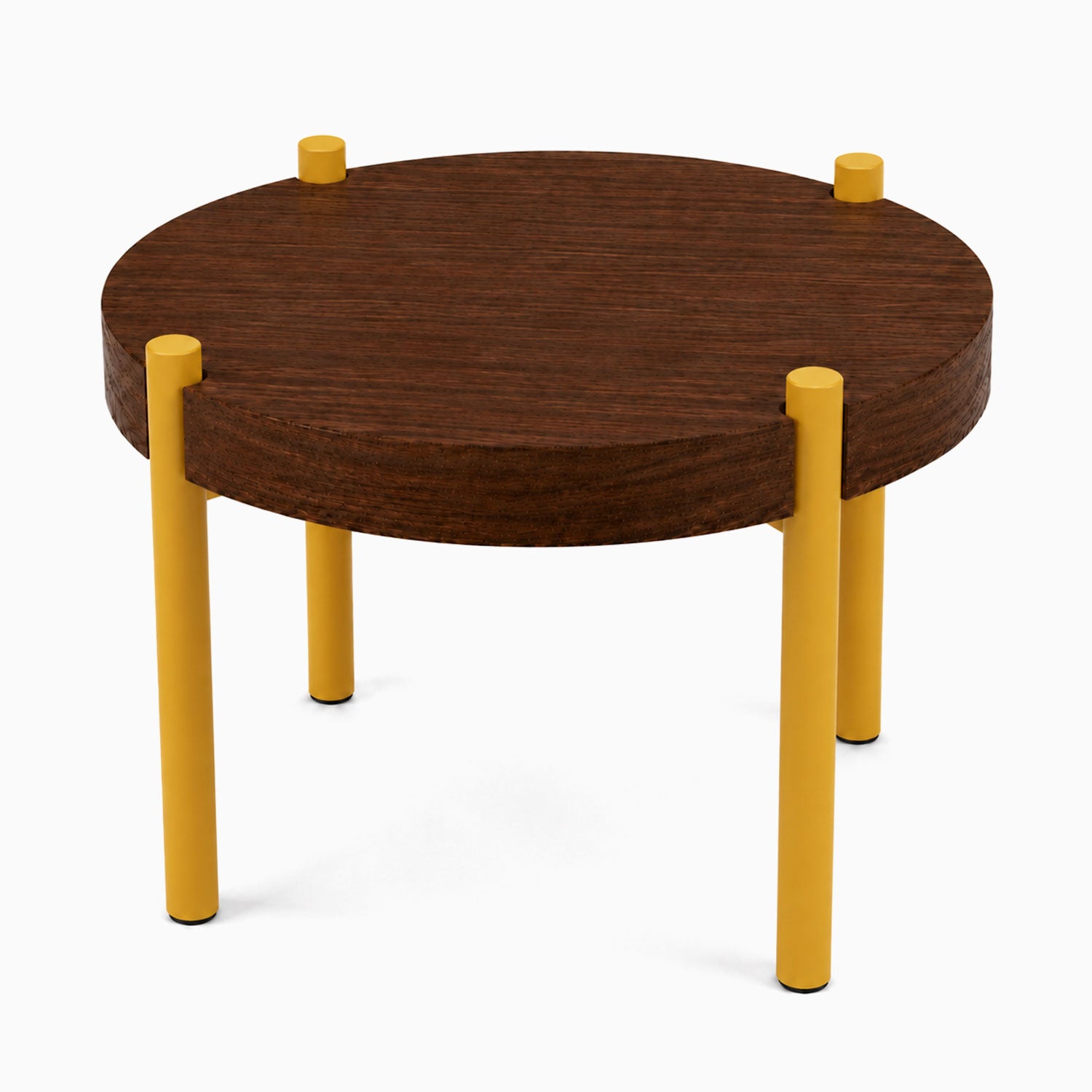 Fern Plant Stand (Walnut) featuring a round solid hardwood walnut top supported by sturdy yellow metal legs, designed for functional display and organization.