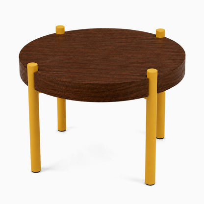 Fern Plant Stand (Walnut) featuring a round solid hardwood walnut top supported by sturdy yellow metal legs, designed for functional display and organization.