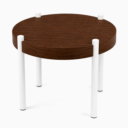 Fern Plant Stand (Walnut) featuring a round solid hardwood top with a rich walnut finish supported by minimalist white metal legs for versatile display and organization.