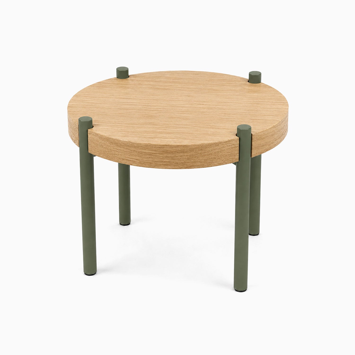 Fern Plant Stand (White Oak) featuring a minimalist round solid hardwood top with matte green metal legs, designed for functional modern display and organization.