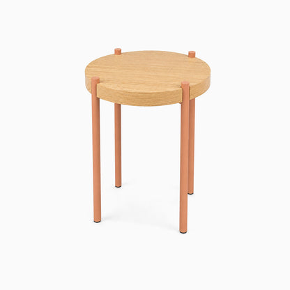 Fern Plant Stand (White Oak) featuring a minimalist round solid hardwood top with slender, rust-resistant steel legs in a warm terracotta finish, perfect for stylish plant display.