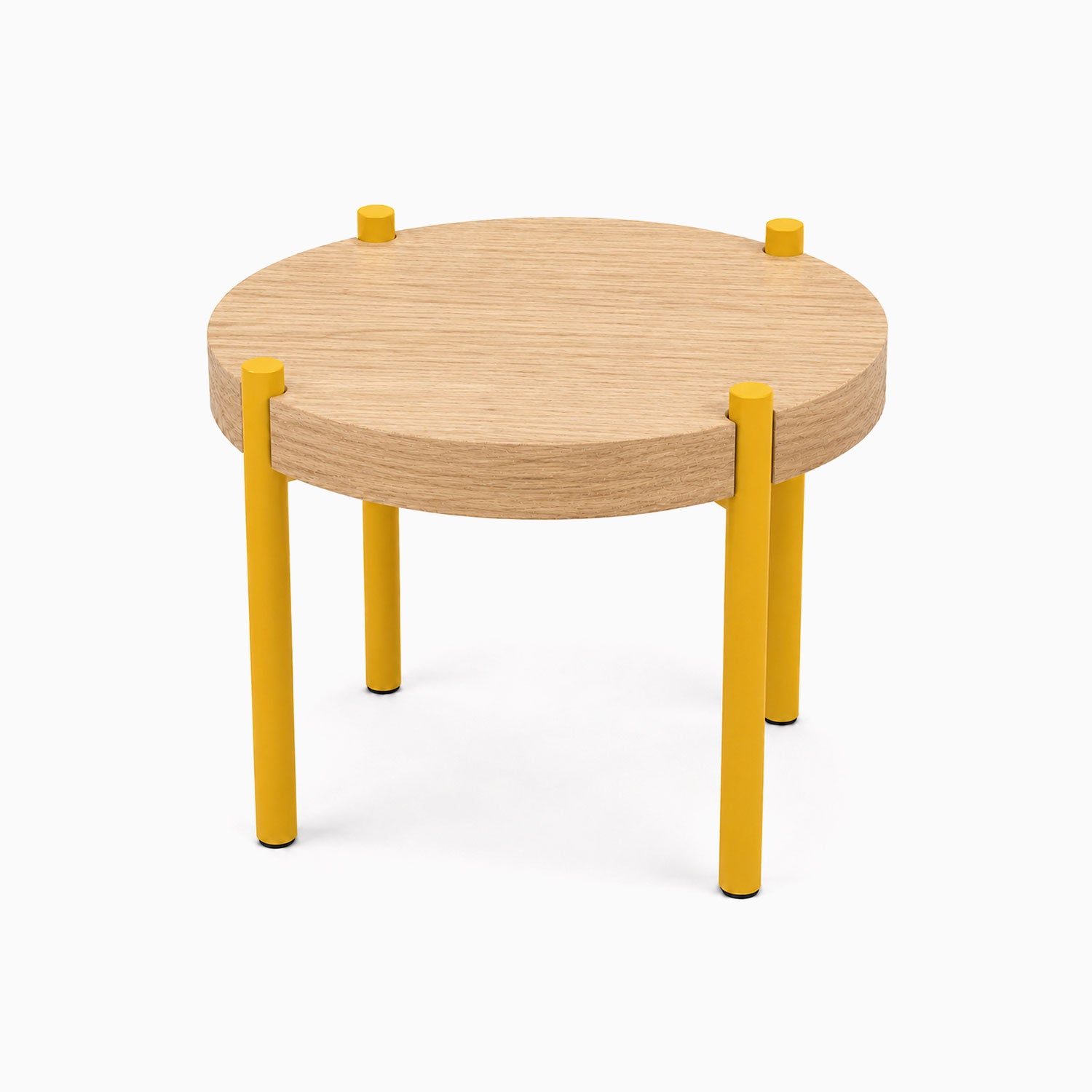 Fern Plant Stand (White Oak) with a round solid white oak top and bright yellow metal legs, minimalist design perfect for modern display and organization.