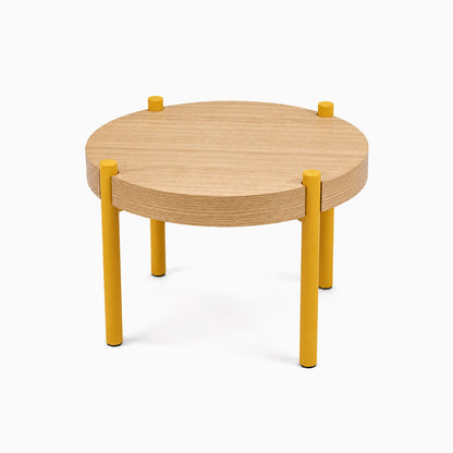 Fern Plant Stand (White Oak) with round solid hardwood top and bright yellow metal legs, minimalist design for stylish plant display.
