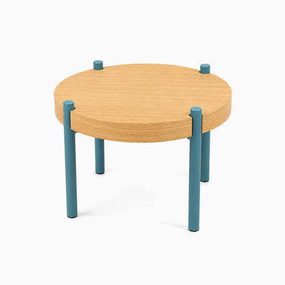 Fern Plant Stand (White Oak) featuring a minimalist round solid hardwood top with sturdy blue steel legs, ideal for stylish plant display and organization.