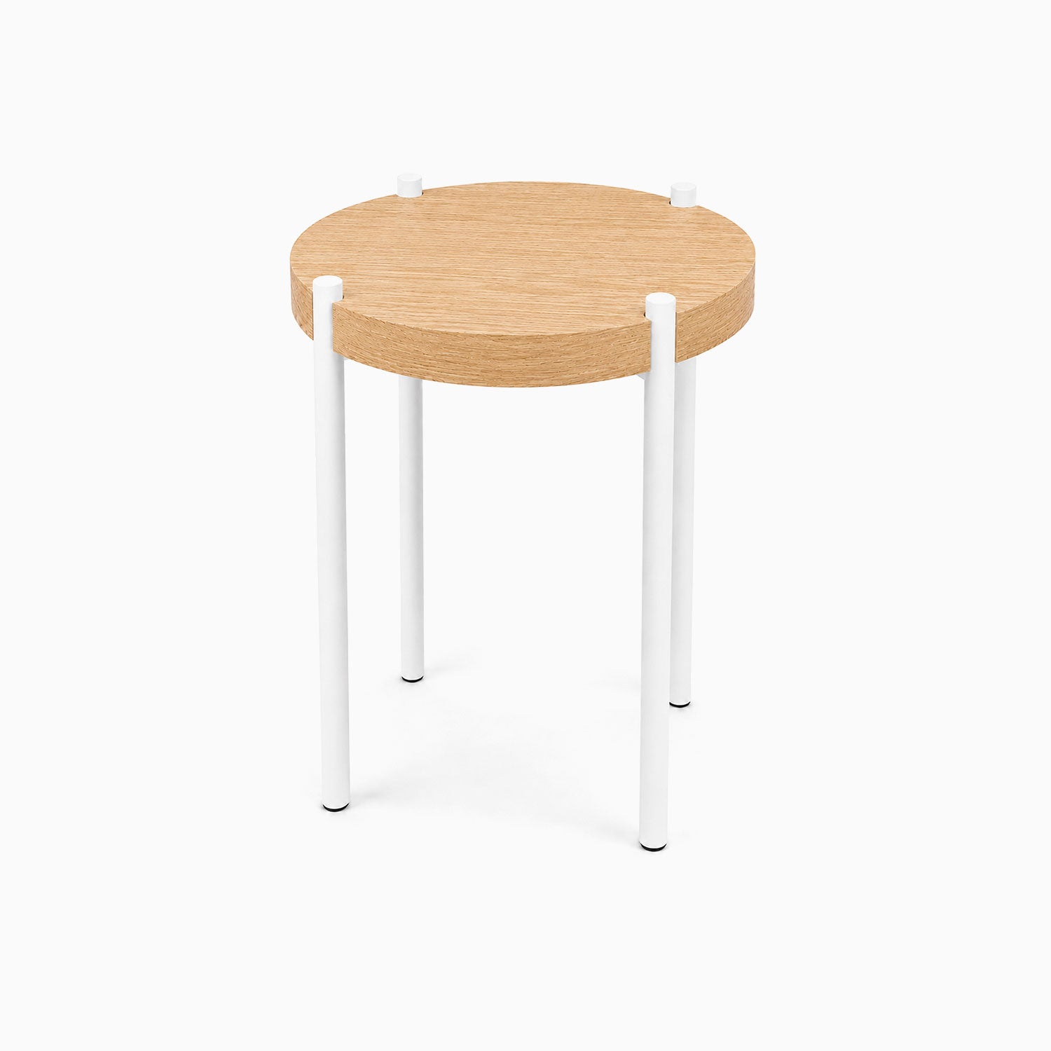 Fern Plant Stand (White Oak) with a round white oak top and four slim white metal legs, showcasing a minimalist design for stylish plant display.