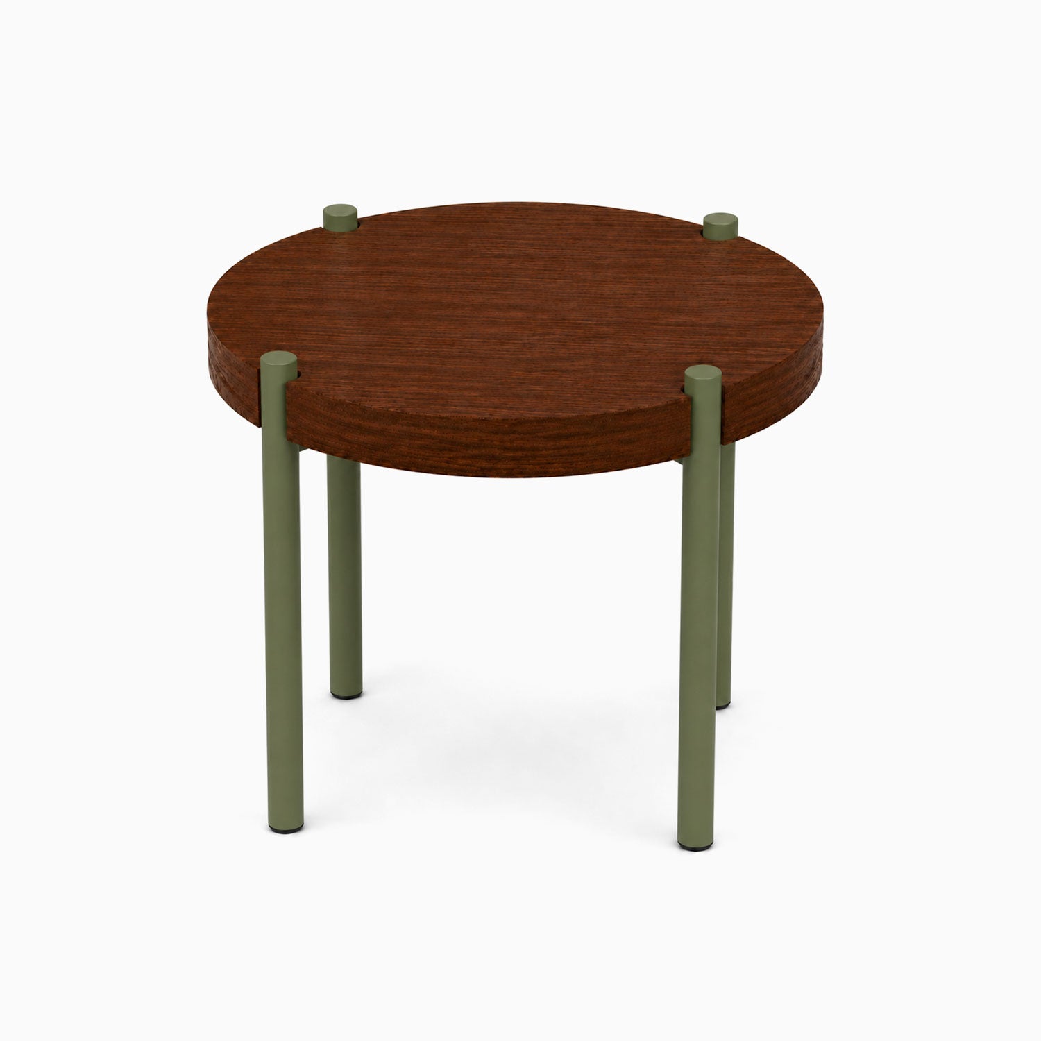 Fern Plant Stand (Walnut) featuring a minimalist round walnut top supported by sturdy olive green metal legs for sleek, functional display and organization.