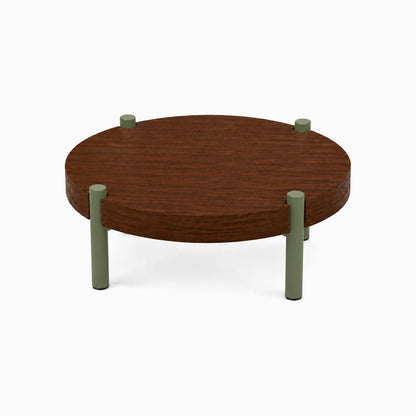 Fern Plant Stand (Walnut) with solid walnut round top and muted green metal legs, minimalist design perfect for organizing and displaying plants.