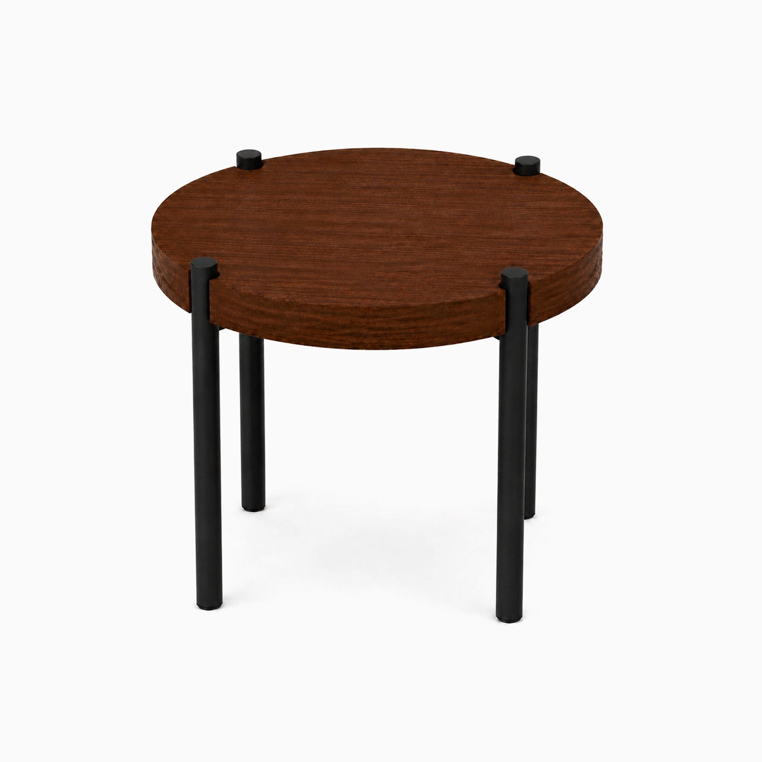 Fern Plant Stand (Walnut) with a round solid walnut wood top and black metal legs, showcasing minimalist mixed-material design for elegant display and organization.