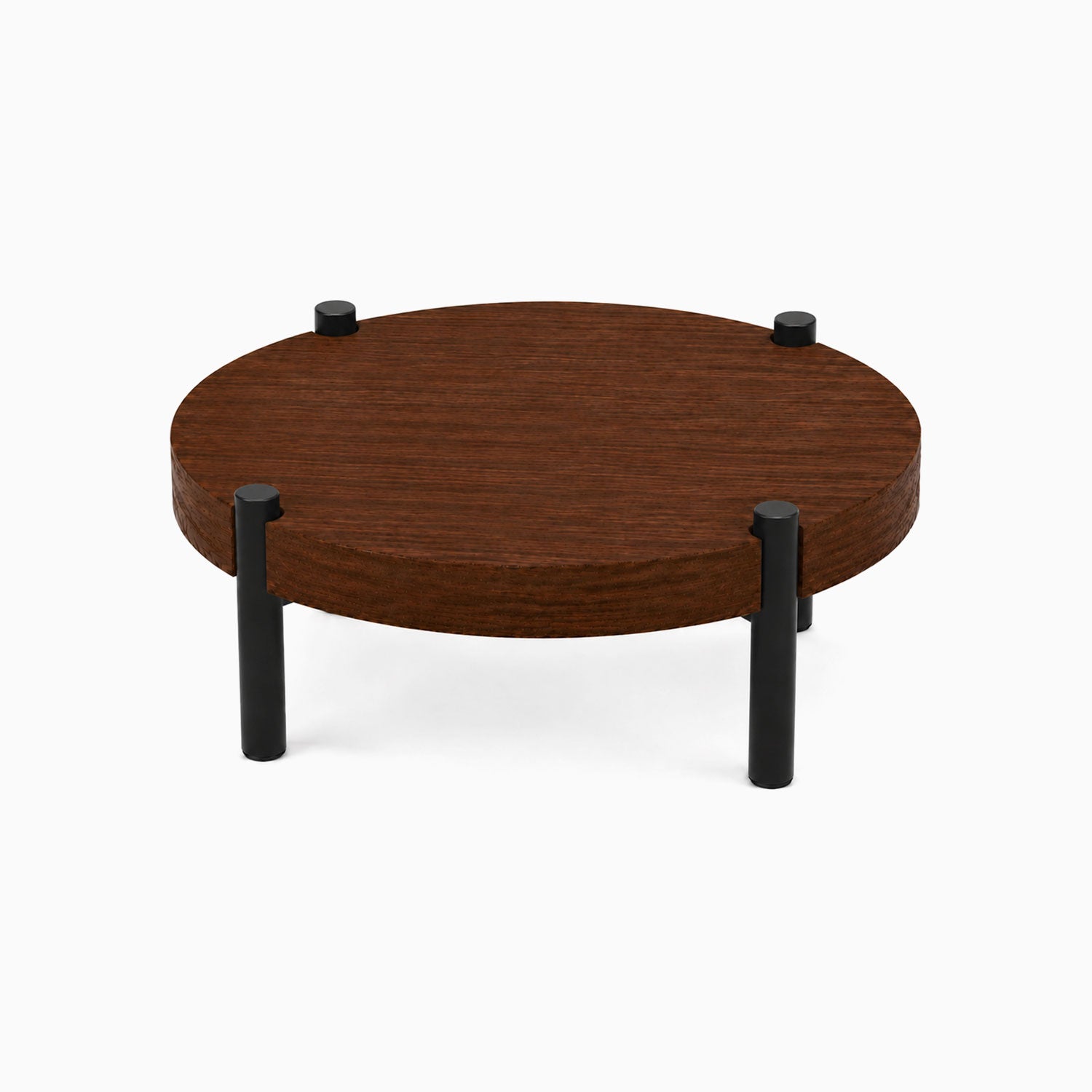 Fern Plant Stand (Walnut) with round solid walnut top and sturdy black metal legs designed for stylish, functional display and organization.