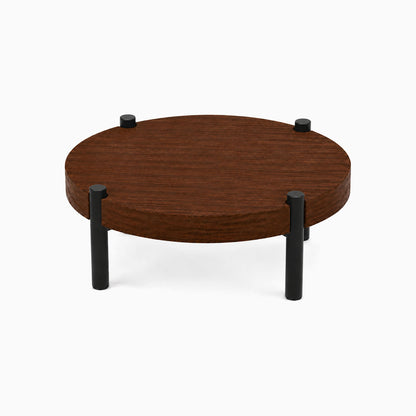 Fern Plant Stand (Walnut) with round solid walnut top and sturdy black metal legs designed for stylish, functional display and organization.