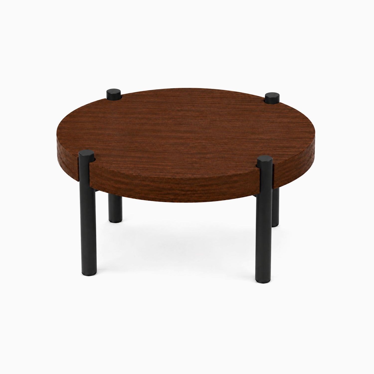 Fern Plant Stand (Walnut) featuring a minimalist round walnut wood top supported by four black metal legs, ideal for stylish plant display and organization.