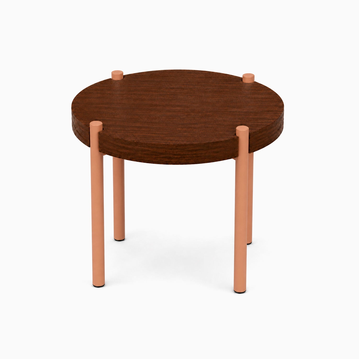 Fern Plant Stand (Walnut) features a minimalist round walnut wood top with sturdy light metal legs, combining solid hardwood and metal for stylish durability.