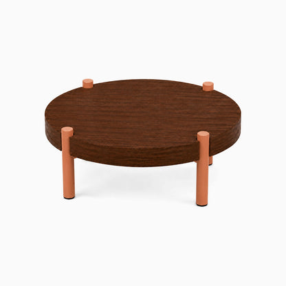 Fern Plant Stand (Walnut) featuring a round solid walnut top with minimalist copper-colored metal legs, designed for stylish plant display and organization.