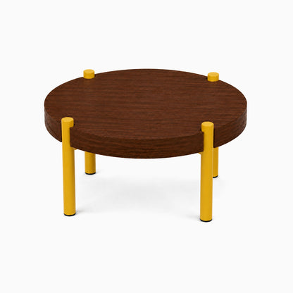 Fern Plant Stand (Walnut) with round solid walnut top and bright yellow metal legs, minimalist design perfect for organizing and displaying plants or decor.