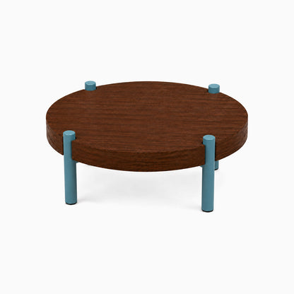 Fern Plant Stand (Walnut) featuring a round solid walnut top with minimalist blue steel legs, designed for functional, stylish plant display.