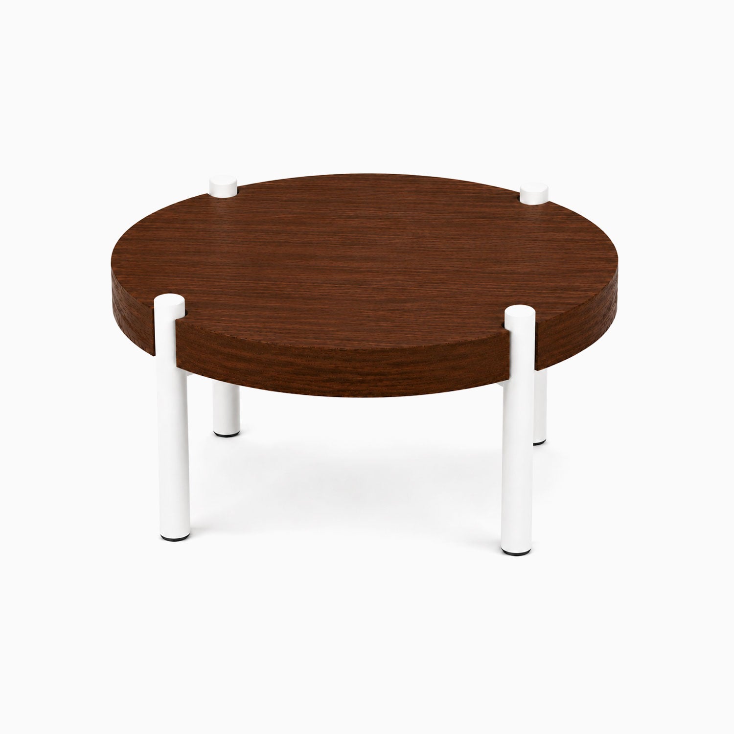 Fern Plant Stand (Walnut) featuring a minimalist round walnut wood top with sturdy white metal legs, ideal for functional and stylish plant display.