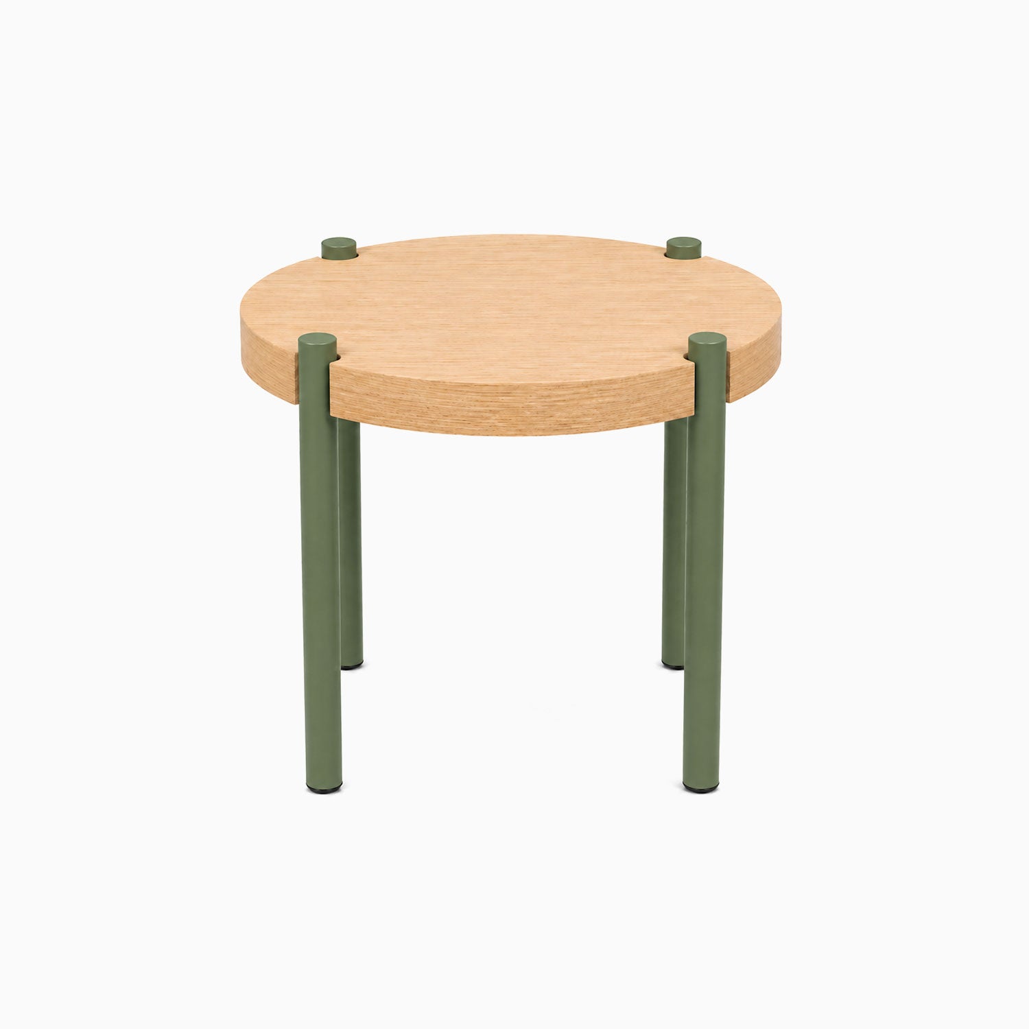 Fern Plant Stand (White Oak) with a round solid white oak surface supported by four green metal legs, minimalist and functional design.