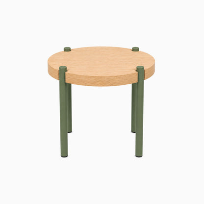 Fern Plant Stand (White Oak) with a round solid white oak surface supported by four green metal legs, minimalist and functional design.