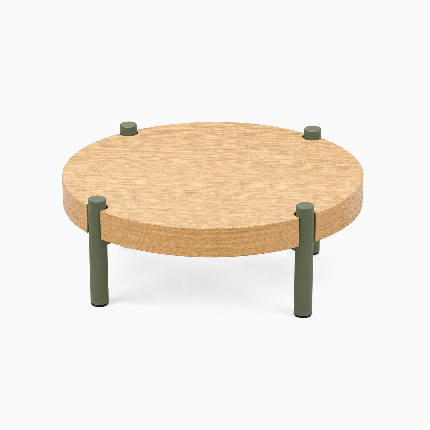 Fern Plant Stand (White Oak) with a round solid hardwood top and four short olive green metal legs, minimalist and functional design.