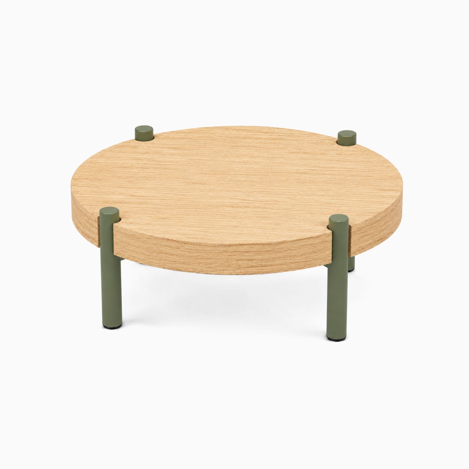 Fern Plant Stand (White Oak) with minimalist design featuring natural wood round top and sturdy green steel legs, perfect for stylish plant display.